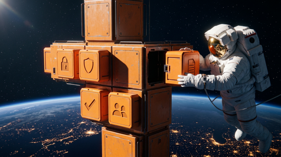 um astronauta em órbita encaixa um módulo laranja em uma estrutura central, como na montagem de uma estação espacial. Outros módulos já estão acoplados, cada um com um ícone gravado. Assim, a imagem mostra o CMS recebendo os recursos enterprise peça por peça.