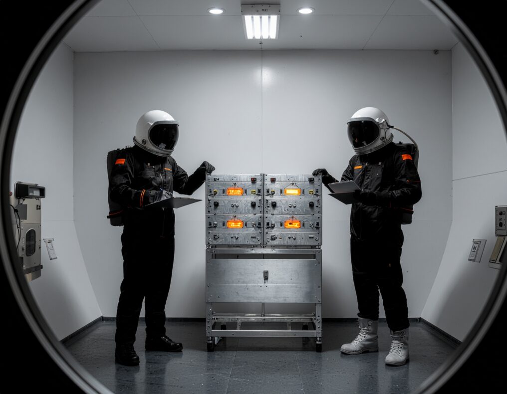 Dois astronautas com visores espelhados fazem a auditoria de IA de um módulo com luzes laranja, um deles anotando em uma prancheta.