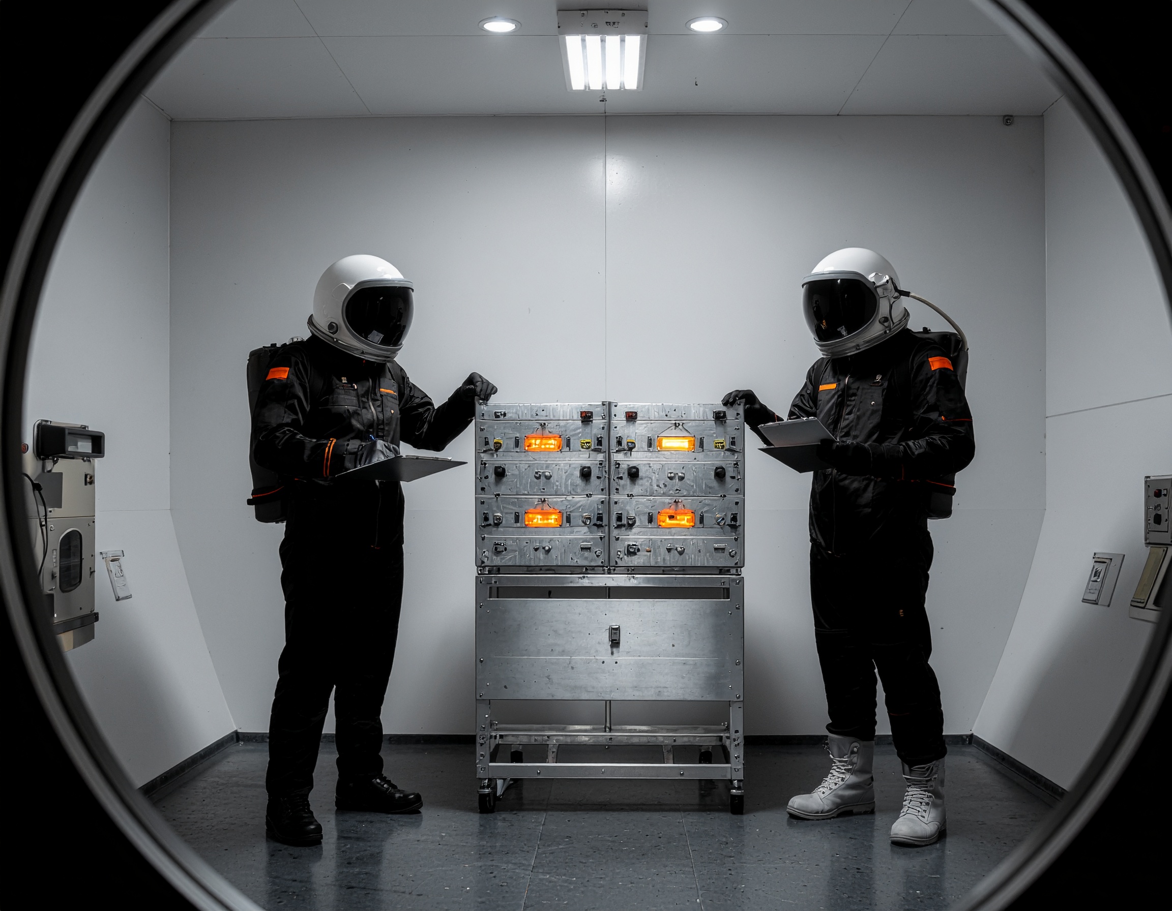 Dois astronautas com visores espelhados fazem a auditoria de IA de um módulo com luzes laranja, um deles anotando em uma prancheta.