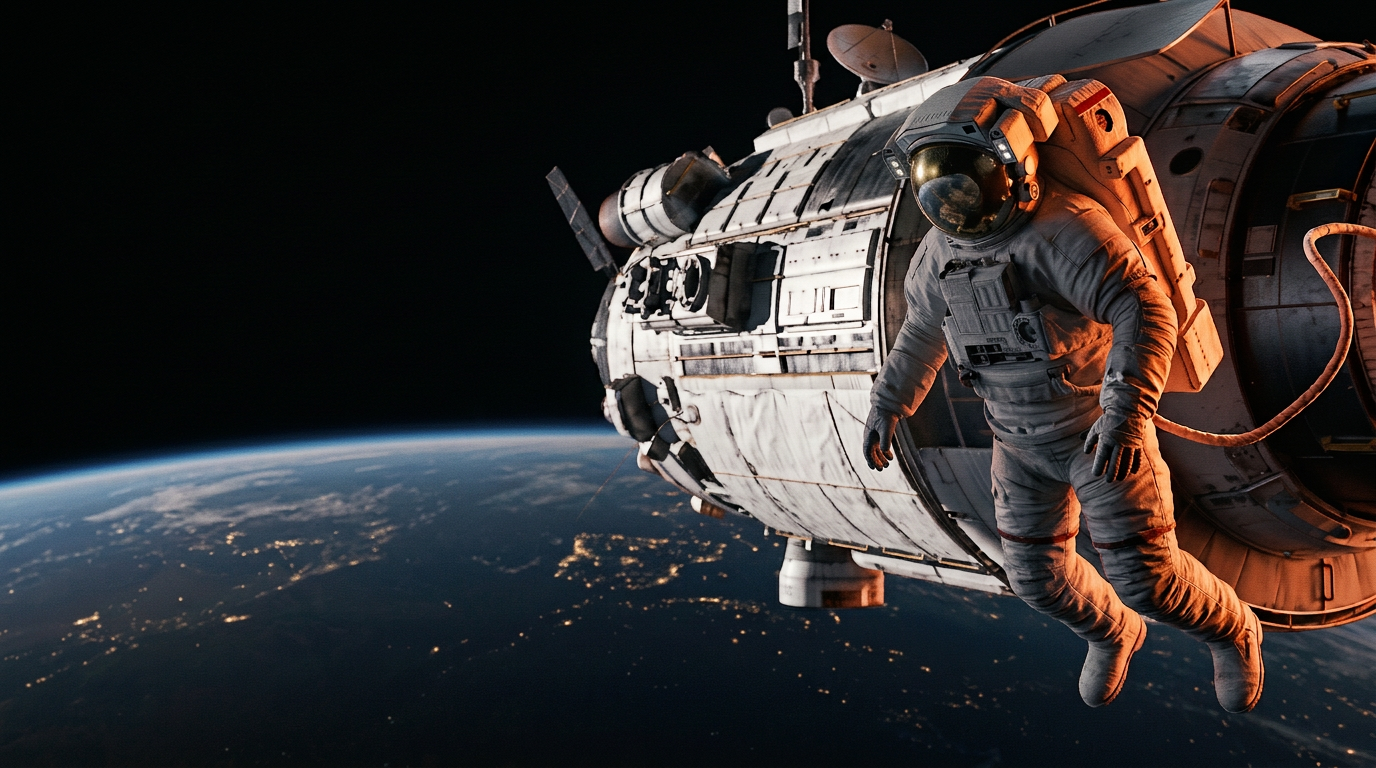 Astronauta flutuando ao lado de uma nave em órbita, imagem do artigo sobre Payload CMS